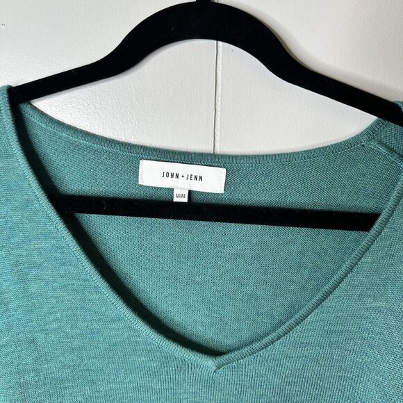 John + Jenn Anthropologie Size M Teal Wool Blend Side Ruffle V Neck Sweater - Picture 3 of 7
